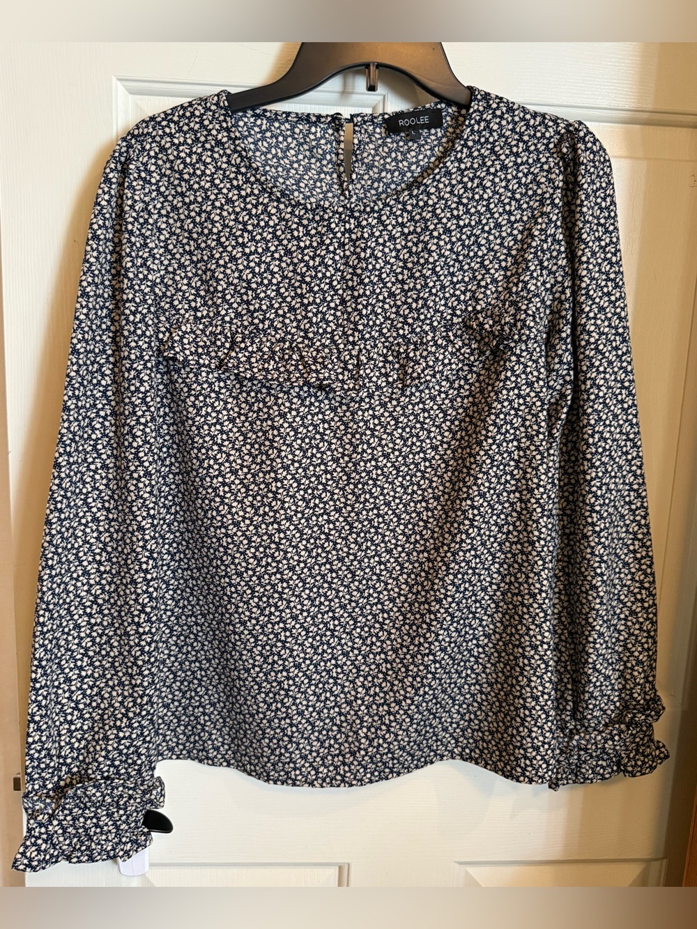 Roolee Navy and White Floral Ruffle-Trim Blouse